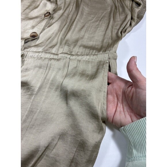 NWT Aakaa Vintage Gold Jumpsuit Khaki Shimmer Size Medium Satin Drawstring Waist - Picture 8 of 12